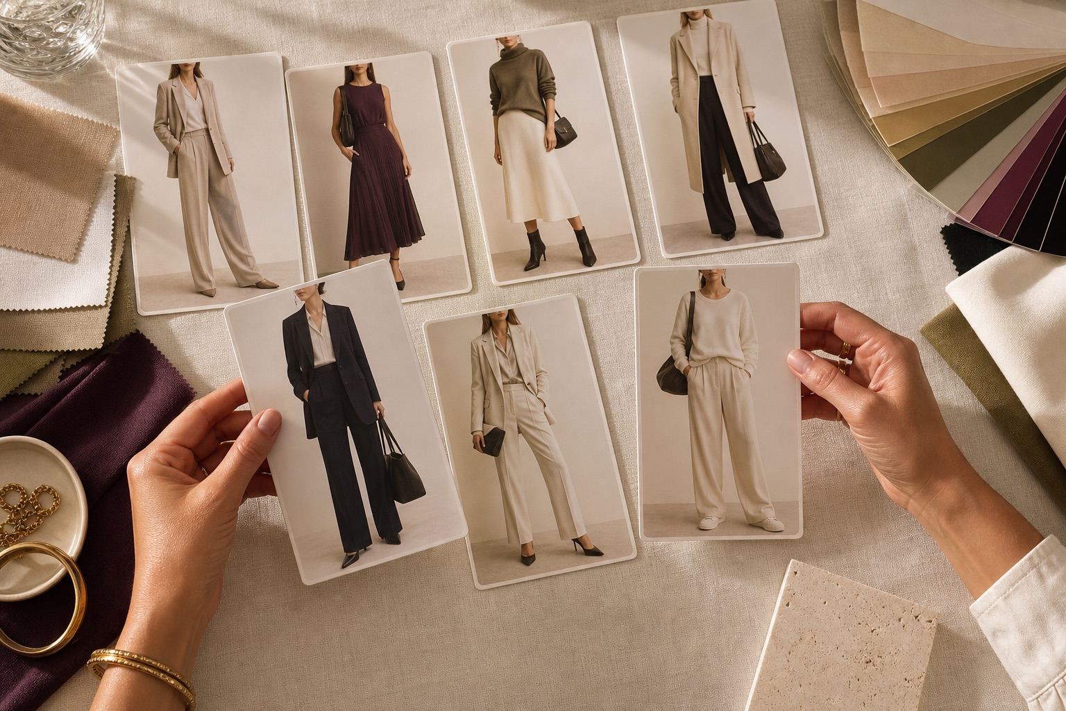 Endless Style Game: tarjetas de prendas y looks sobre una mesa